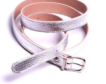 Ceinture Femme Cuir Souple Argent largeur  2 cm Fabrication Artisanale Made in France.