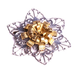 Art deco brooch with silver and gold finish, designer jewelry made in France.