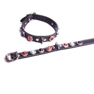 Collar Dog Cat Black Leather and stones creation workshop By Mode France.