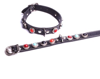 Collar Dog Cat Black Leather and stones creation workshop By Mode France.