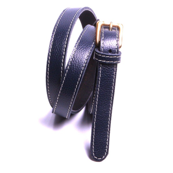 Navy blue leather belt fine and flexible width 2 cm Atelier by mode France.