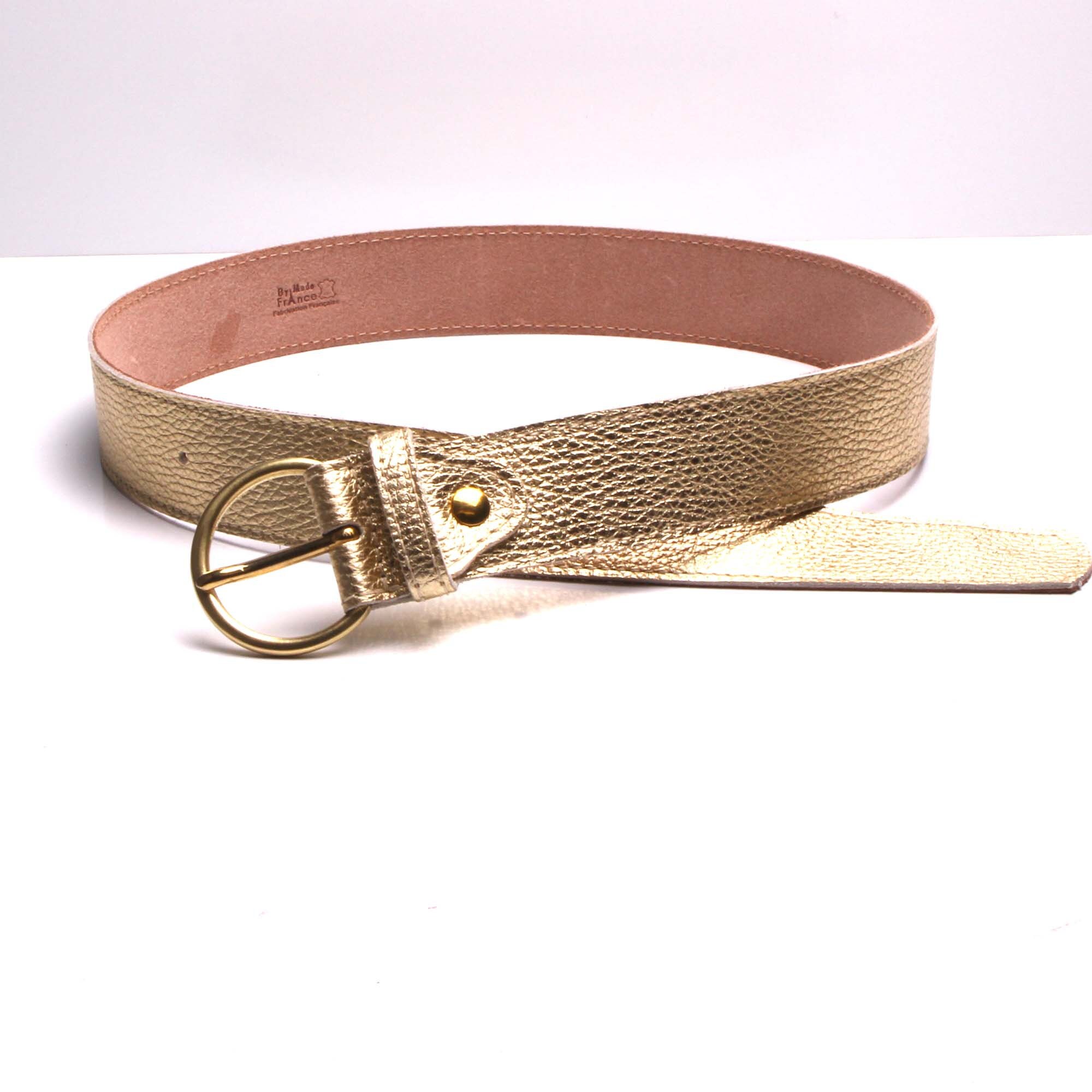 Belt Leather Gilded Buckle Bronze Lining Black Leather: Made  display picture 1