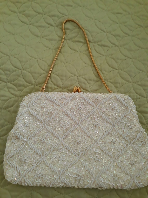 Vintage Off White Beaded Evening Bag - image 5