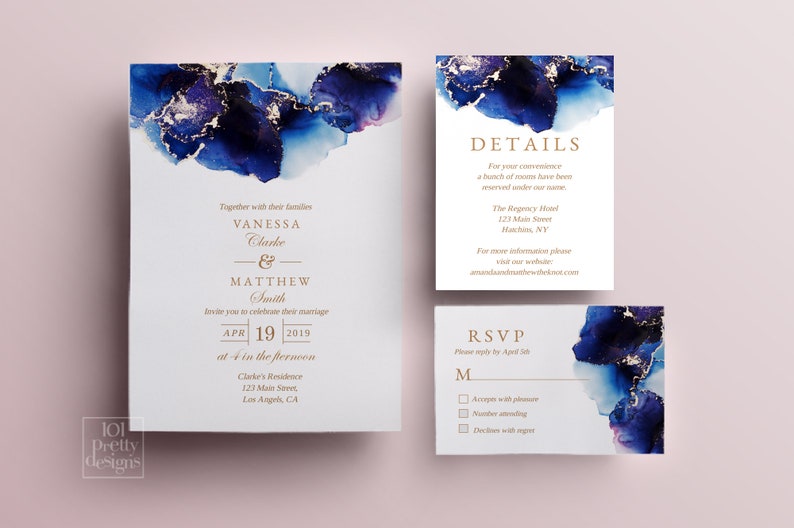 Watercolor Wedding invitation template gold glitter printable wedding invite design blue wedding printables abstract modern invite template