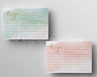 Printable recipe card watercolor Bridal shower Recipe card mint pink recipe cards gold mint bridal shower printable instant download