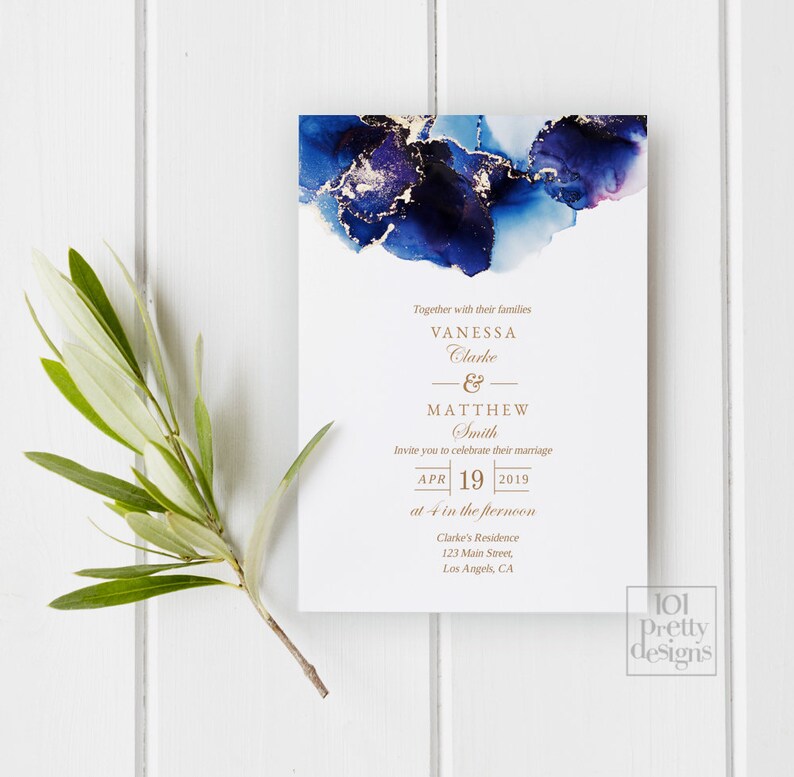 Watercolor Wedding invitation template gold glitter printable wedding invite design blue wedding printables abstract modern invite template