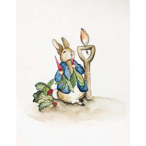 May include: A watercolour painting of a rabbit wearing a blue jacket and holding two carrots. The rabbit is standing next to a brown spade and a small bird is perched on top of the spade.
