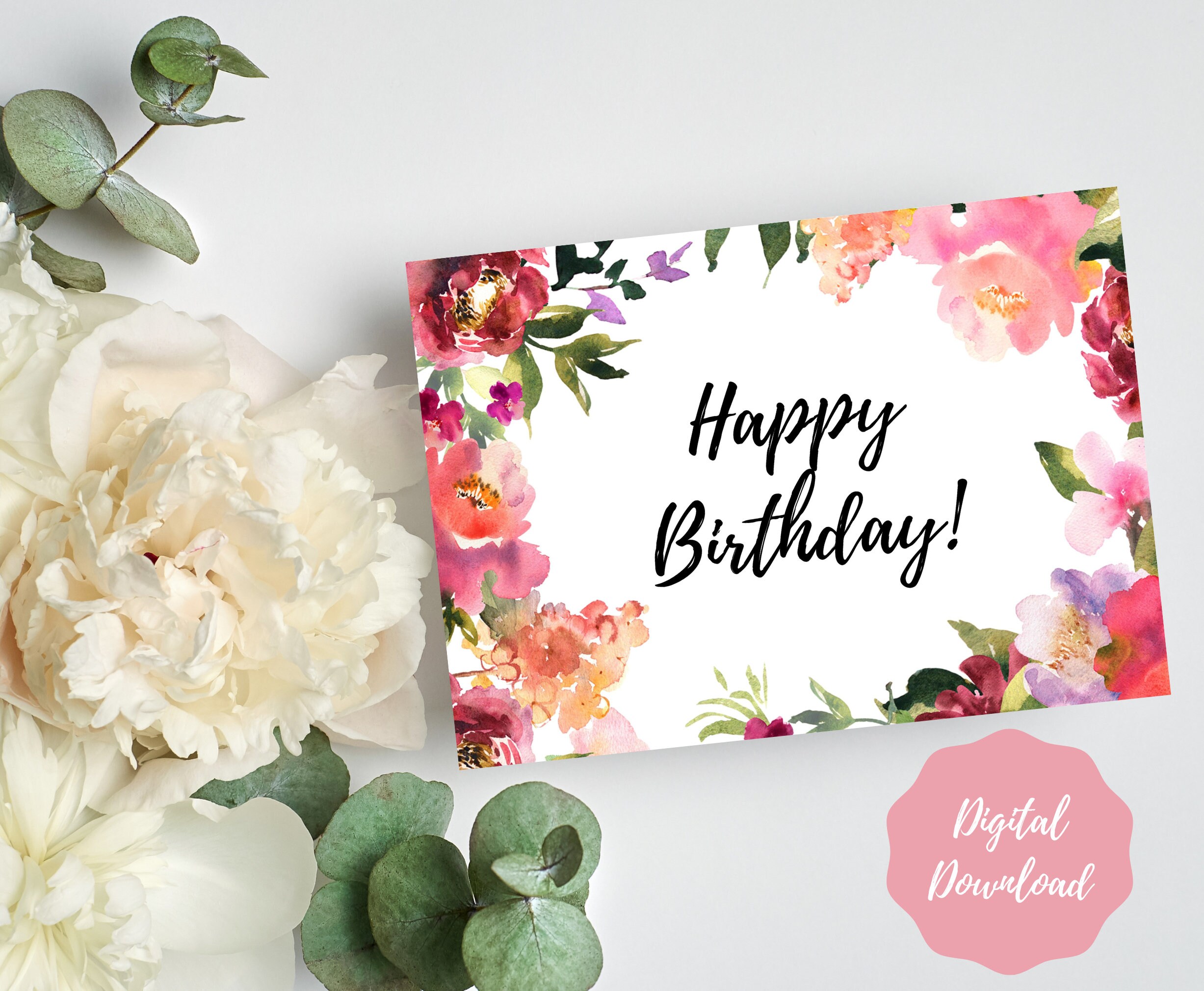 Happy Birthday Floral Card Printable, Digital Download, Watercolor - Etsy