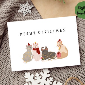 Meowy Weihnachtskarte, digitaler Download, Merry Christmas Karte. Grußkarte, druckbare Karte, Punny Karte, Sofort Download, Weihnachtskarte