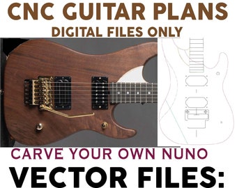 Planos digitales CNC para guitarra estilo Nuno 4. 3 tipos de archivos para construcción de guitarras CNC. Solo archivos digitales, piezas de cuerpos y mástiles. PDF, DXF, SVG.