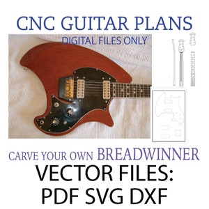 Op de afbeelding: CNC-gitaarplannen digitale bestanden voor een Breadwinner-gitaar. De plannen omvatten PDF-, SVG- en DXF-bestanden. De afbeelding toont een bruine gitaar met een zwart slagbord en een witte achtergrond.