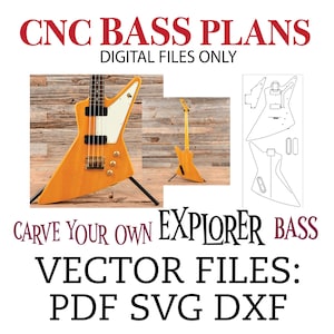 以下が含まれることがあります： エクスプローラーベースのCNCプラン。プランはベクター形式で、PDF、SVG、DXFファイルが含まれています。画像は、黄色のベースギターと、ギターの白黒線画を示しています。