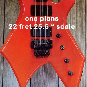 May include: A bright red electric guitar body with a sharp, angular shape. It features two black humbucker pickups, a black locking tremolo bridge, three black control knobs, and a toggle switch. Text reads: cnc plans 22 fret 25.5 " scale.