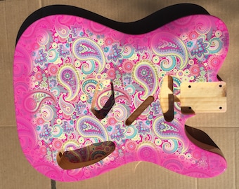 Pink Paisley Telecaster guitar wrap.  Pink burst edge with gloss laminate. Knifeless tape included. No cutting! Ships free