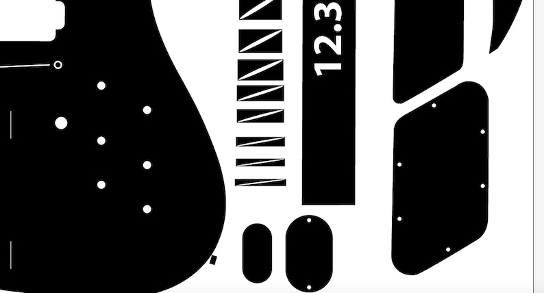 May include: Black and white guitar body template with various cutouts for different parts, including a pickguard, control plate, and a bridge. The template also includes a fretboard with 12 frets and a headstock with the text "12:3".