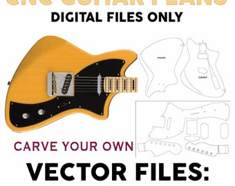 May include: CNC guitar plans digital files only. A yellow electric guitar with a black pickguard and chrome hardware is shown alongside technical line drawings and schematics. Text reads: CNC GUITAR PLANS, DIGITAL FILES ONLY, CARVE YOUR OWN, VECTOR FILES: PDF SVG DXF.