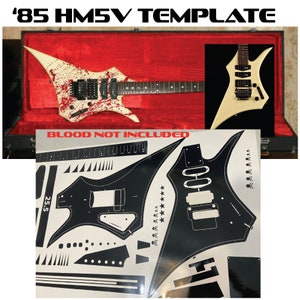 Peut inclure: Un gabarit noir et blanc pour une guitare, avec les mots "25.5" et "BLOOD NOT INCLUDED" imprimés dessus. Le gabarit comprend la forme du corps, la tête et diverses autres parties de la guitare.