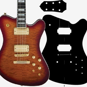 May include: A red and brown electric guitar with gold hardware and a black pickguard. The guitar has a unique body shape and a maple top. The guitar is shown with a template for making a custom pickguard.