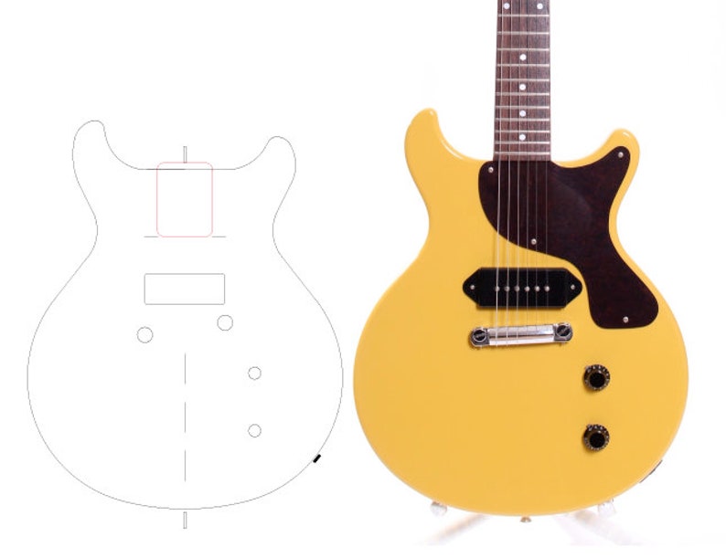 Puede incluir: Una guitarra el&eacute;ctrica amarilla con un golpeador marr&oacute;n oscuro, una pastilla negra, un puente plateado y dos perillas de control negras. Junto a la guitarra hay un dibujo de l&iacute;nea negra del cuerpo de la guitarra con los componentes.