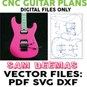 Könnte beinhalten: CNC-Gitarrenpläne Nur digitale Dateien. Eine pinkfarbene E-Gitarre mit weißem Schlagbrett und schwarzer Hardware. Ein Bauplan des Gitarrenkorpus mit blauen Linien und Punkten.