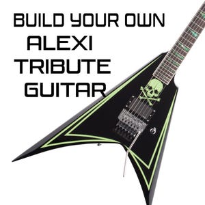 May include: Black electric guitar with a V-shaped body and neon green trim. The guitar features a skull and crossbones graphic and the text "BUILD YOUR OWN ALEXI TRIBUTE GUITAR". The guitar has a tremolo system and a maple neck.