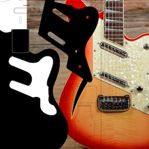 Puede incluir: Una guitarra el&eacute;ctrica roja, naranja y amarilla con una golpeador blanco y herrajes cromados. La guitarra tiene una forma de cuerpo desplazada &uacute;nica y un solo corte.
