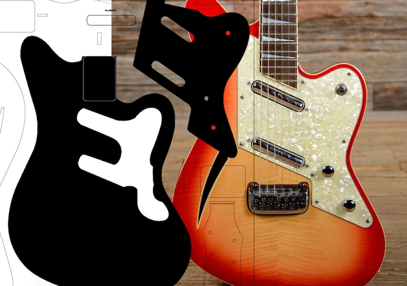 Puede incluir: Una guitarra el&eacute;ctrica roja, naranja y amarilla con una golpeador blanco y herrajes cromados. La guitarra tiene una forma de cuerpo desplazada &uacute;nica y un solo corte.