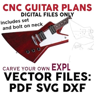 Puede incluir: Planos de guitarra CNC archivos digitales solo incluye set y mástil atornillado talla tu propia EXPL archivos vectoriales PDF SVG DXF. Una guitarra eléctrica roja oscura con golpeador blanco, perillas negras y diapasón, junto a dibujos técnicos.