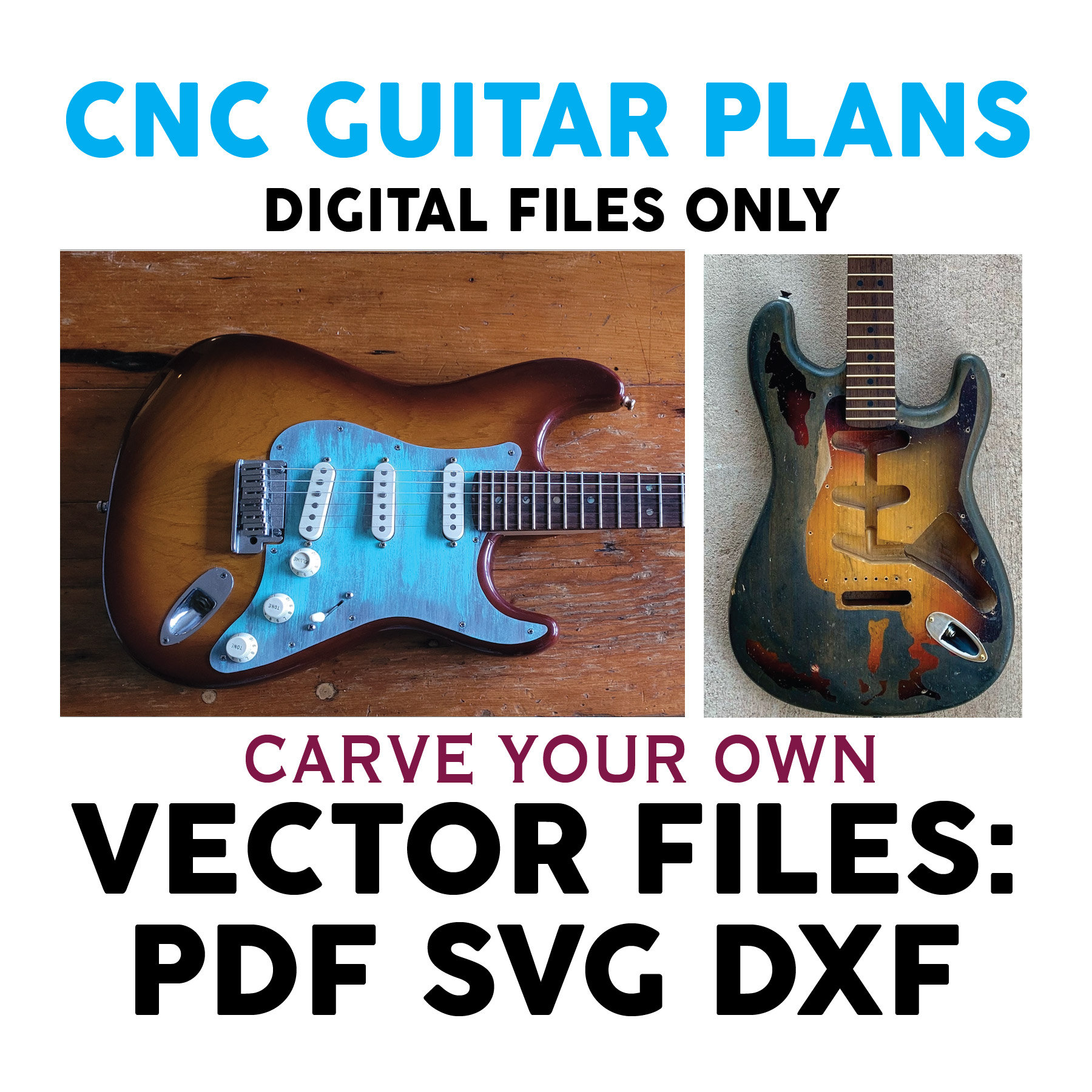 Strato  guitar cnc digital plans. 3 files types for cnc guitar  building, Digital files only, bodies, necks parts. PDF,DXF, SVG