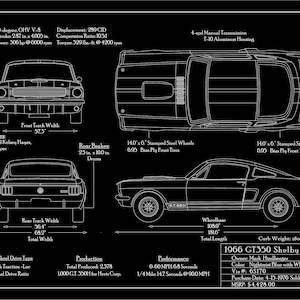 May include: A black and white line drawing of a 1966 Ford Mustang GT350 Shelby. The drawing includes the car's dimensions, engine specifications, and performance data. The text "1966 GT350 Shelby Mustang" is included in the drawing.