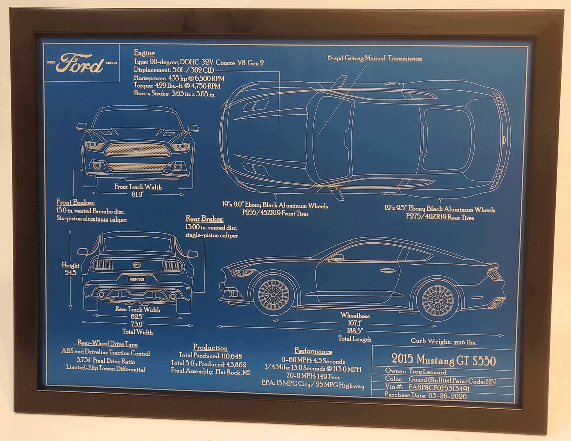 Personalized Custom Car Schematic Laser Engraved on Anodized Aluminum