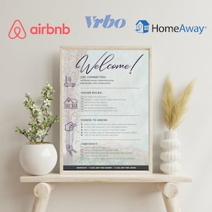 Edytowalny szablon powitalny Airbnb Canva | Znak zasad wynajmu wakacyjnego | Wydrukowany znak informacyjny Airbnb WiFi Check Out