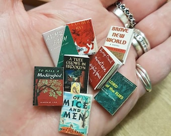 Library classics in 1:12 scale dollhouse miniature set of 8 novels with turnable blank pages and a loose bookmark.