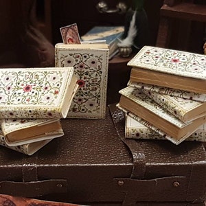 Tudor rose encyclopedia  set of 8 dolls house miniature books in 1:12 scale that open with blank  pages inside.A loose bookmark included.