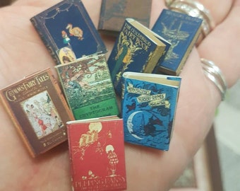 1.12 scale Children's Victorian   miniature antique replica starter library  bookset of 8 books. Each book has aged turnable blank pages .