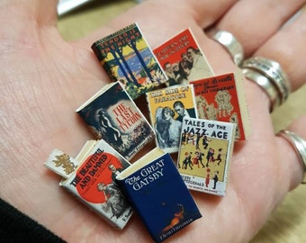 F Scott Fitzgerald  set of 8  dolls house miniature books in 1:12 scale that open with blank  pages inside.