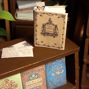 Peter e Wendy hanno illustrato il libro vintage in miniatura di una casa delle bambole in scala 1:12. Sono inclusi anche un segnalibro sciolto e delle cartoline.
