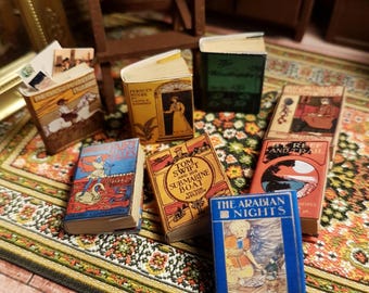 1:12 scale dollhouse miniature antique replica novels set of 8 books with aged turnable blank pages inside.