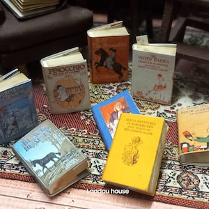 Dollhouse miniature 1:12 scale bookset or 8 vintage replica children's classics. Each book has aged turnable blank pages inside .