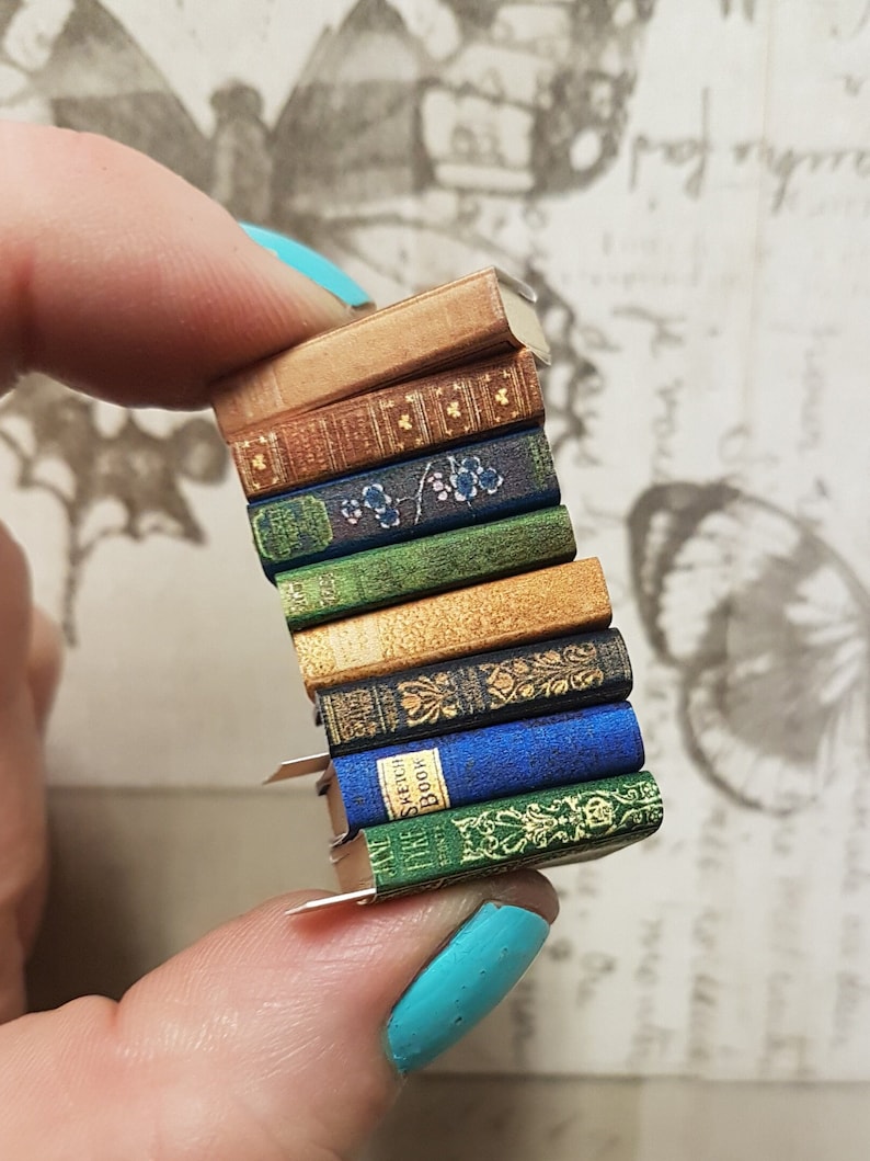 Vintage replica book set of 8 dolls house miniature 1:12 scale books that open with blank pages and a loose book mark. image 2