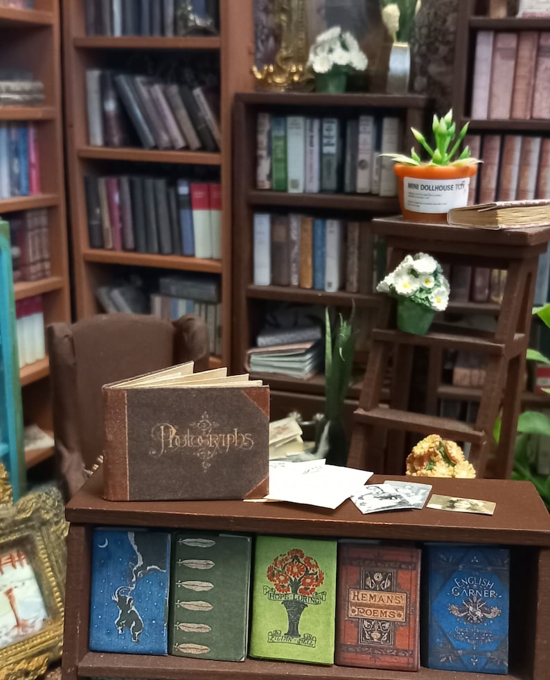 K&ouml;nnte beinhalten: Ein Miniatur-B&uuml;cherregal mit einer Auswahl an B&uuml;chern, darunter ein braunes, ledergebundenes Buch mit der Aufschrift "Fotografien". Das B&uuml;cherregal ist aus Holz gefertigt und hat eine dunkelbraune Oberfl&auml;che. Auf dem Regal befinden sich auch mehrere andere Miniaturgegenst&auml;nde, wie eine kleine Topfpflanze, eine Miniaturleiter und ein Miniatur-Puppenhaus.
