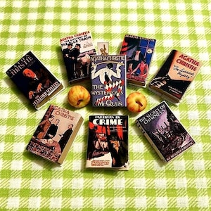 Agatha Christie vintage replica set of 8 dolls house miniature books in 1:12 scale that open with blank  pages inside.
