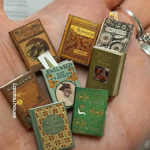 Set of 8 replica antique miniature 1.12 scale miniature dollhouse novels with blank turnable aged pages inside and a loose bookmark.