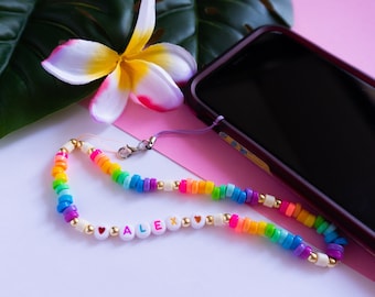 Rainbow Phone Strap with Name and Gold Beads - Personalized 90s & Y2K Colorful Beaded Phone Accessory - Phone Wristlet