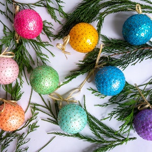Vintage Sequin Christmas Ornament Set - Rainbow Holiday Satin Sequin Ornaments - Vintage Inspired Christmas Decor