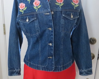 Retro Bill Blass Denim Jacket Vintage 80's Navy Blue Pink, Peach Flowers Roses Bill Blass jeans Petie Small