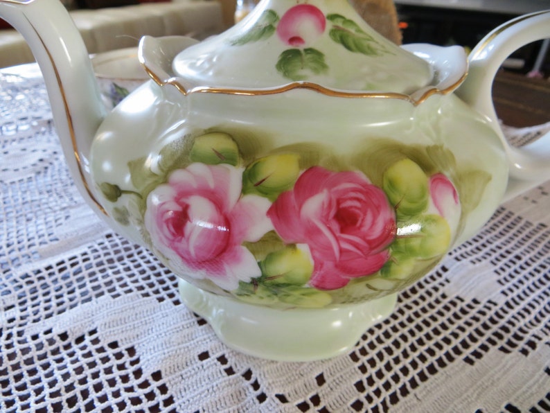 Lefton Japan Hand Painted Pink Roses Musical Teapot Floral Victorian Style