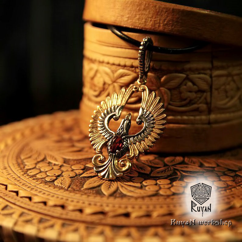 Phoenix Bird pendant. Pendant with gemstones. Eagle pendant. Etsy