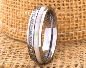 Anillo de tungsteno, anillo de meteorito de tungsteno de 8 mm, anillo de asta de ciervo, bandas a juego, anillo personalizado, anillo de bodas para hombres, anillo de bodas para mujeres