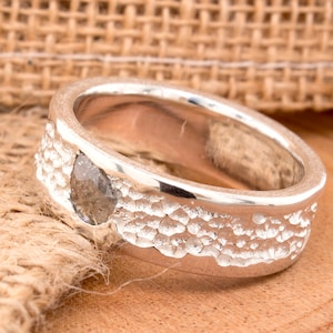 Silver Ring, Mens Wedding Band, Women Wedding Band, Hammered Ring, Wedding Band, Salt Pepper Diamond, Pepper Diamond, Diamond Wedding Band
